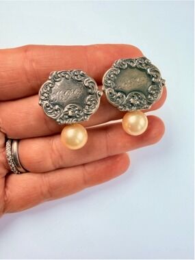 T. Foree Hunsickor Antique Monogram Tag Pearl Sterling Silver 925 VTG Earrings